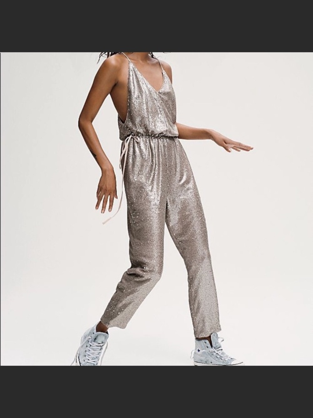 Sequin Metallic Taupe Jumpsuit with Drawstring Waist